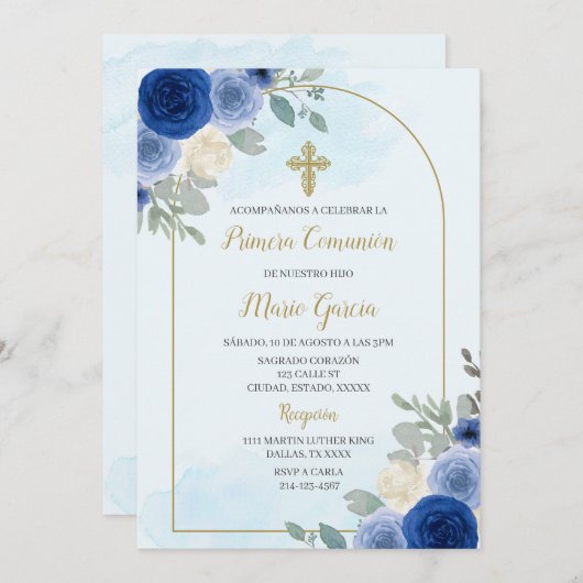 Dusty blue bloemeneerste communie Uitnodiging (Voorkant / Achterkant)
