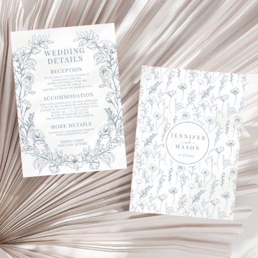 Dusty blue bloemenklassieker trouwdetails Kaart