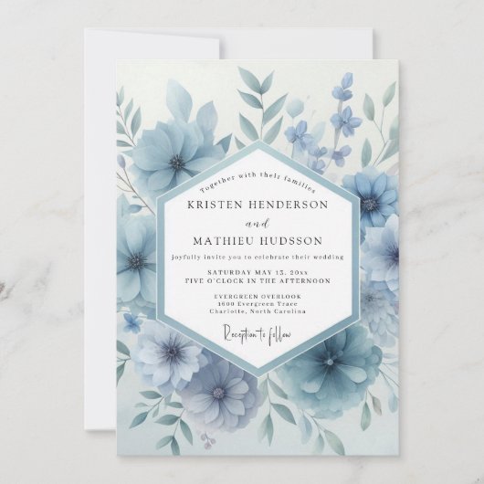 Dusty Blue Bloom Botanical Wedding Kaart (Voorkant)