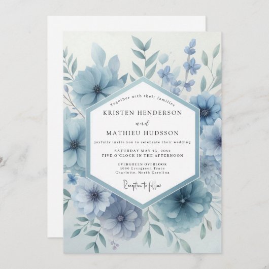 Dusty Blue Bloom Botanical Wedding Kaart (Voorkant / Achterkant)