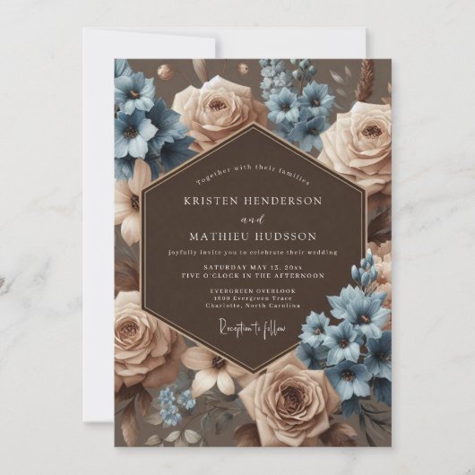 Dusty Blue Bloom Elegance Wedding Kaart (Voorkant)
