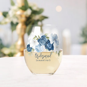 Dusty Blue Bloom Elegant Script bruiloft bruidsmei Wijnglas Zonder Voet