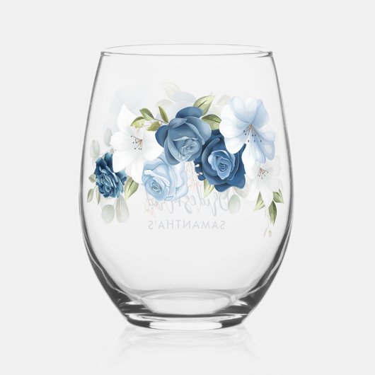 Dusty Blue Bloom Elegant Script bruiloft bruidsmei Wijnglas Zonder Voet (Achterkant)