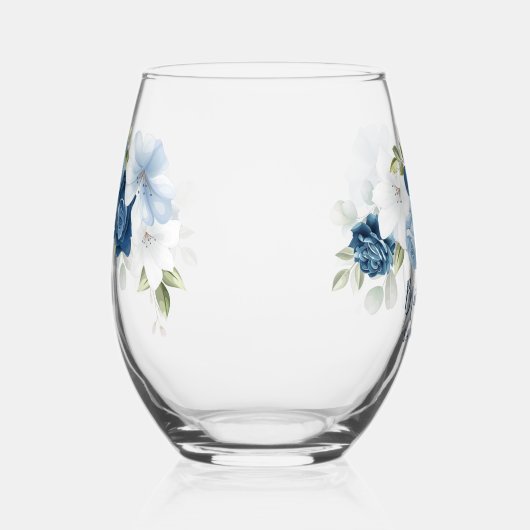 Dusty Blue Bloom Elegant Script bruiloft bruidsmei Wijnglas Zonder Voet (Rechts)