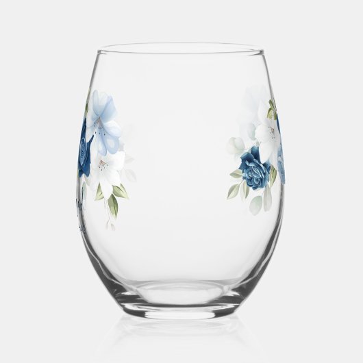 Dusty Blue Bloom Elegant Script bruiloft bruidsmei Wijnglas Zonder Voet (Links)