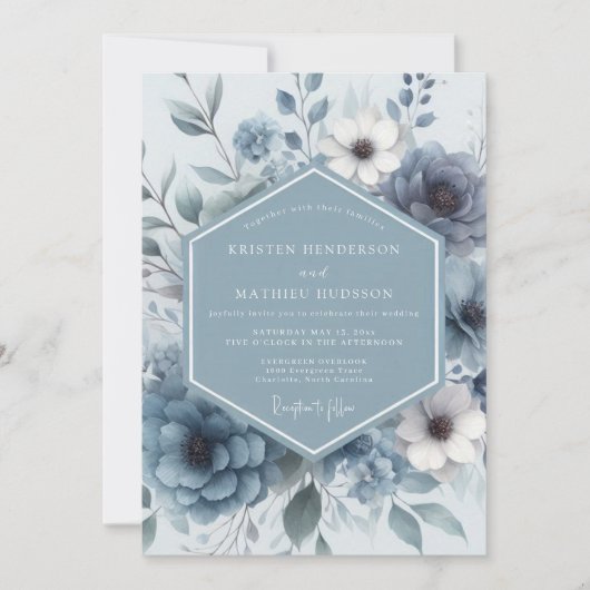 Dusty Blue Bloom Romance Wedding Kaart (Voorkant)