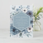 Dusty Blue Bloom Romance Wedding Kaart (Staand voorkant)