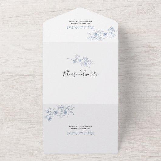 Dusty blue Blossingline bruiloft All In One Uitnodiging (Buitenkant)