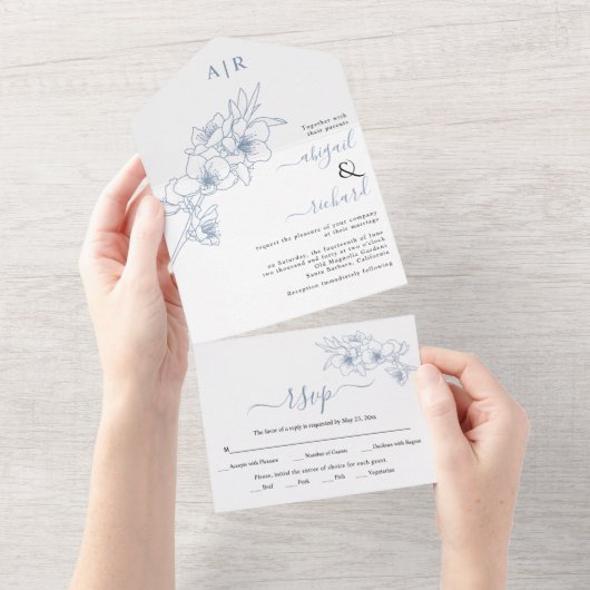 Dusty blue Blossingline bruiloft All In One Uitnodiging (Afscheurbaar)