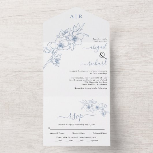 Dusty blue Blossingline bruiloft All In One Uitnodiging (Binnen)