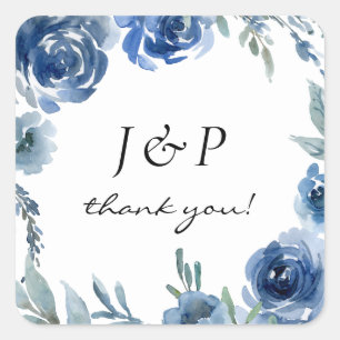 Dusty Blue & Blue Floral Bedankt Monogram 2 - Vierkante Sticker