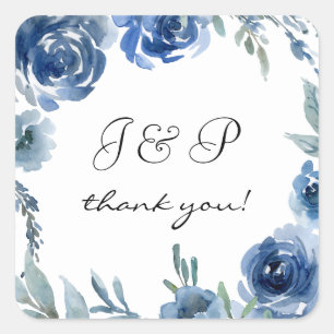 Dusty Blue & Blue Floral Bedankt Monogram 3 Vierkante Sticker