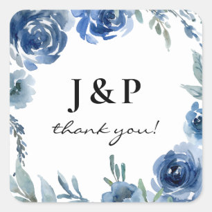 Dusty Blue & Blue Floral Bedankt Monogram - Vierkante Sticker