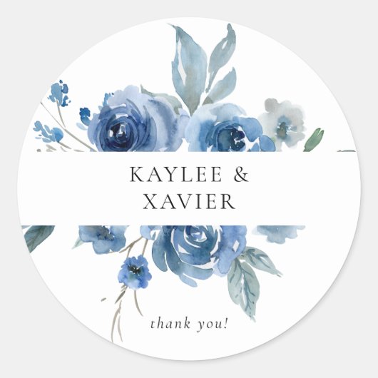 Dusty Blue & Blue Floral Bedankt Ronde Sticker (Voorkant)