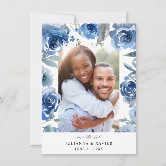 Dusty Blue & Blue Floral Save the Date Photo (Voorkant)