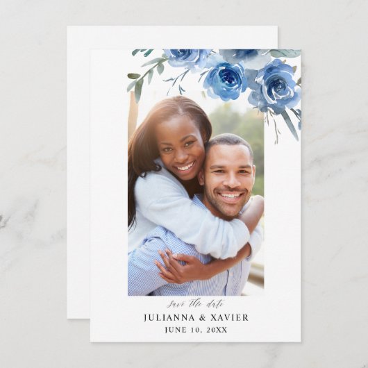 Dusty Blue & Blue Floral Save the Date Photo 2 (Voorkant / Achterkant)