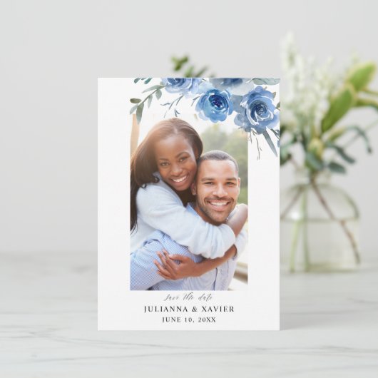 Dusty Blue & Blue Floral Save the Date Photo 2 (Staand voorkant)