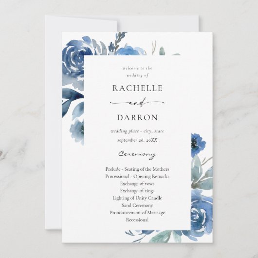 Dusty Blue & Blue Floral Wedding Ceremony Program Kaart (Voorkant)