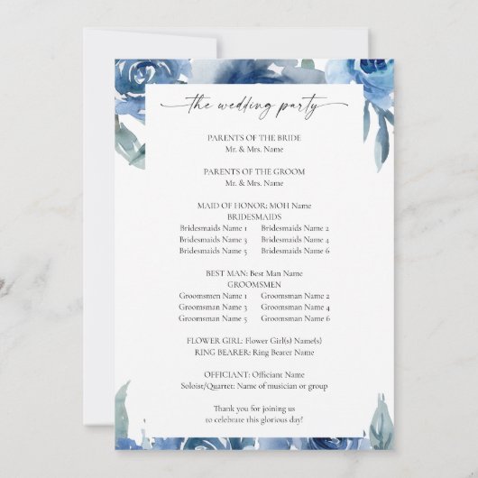 Dusty Blue & Blue Floral Wedding Ceremony Program Kaart (Achterkant)