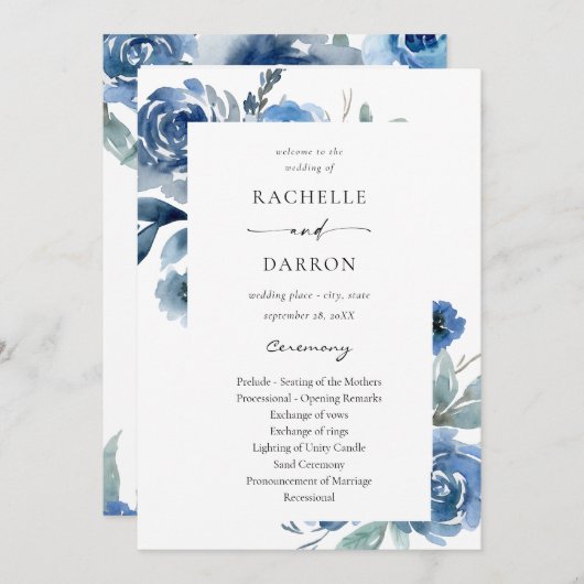 Dusty Blue & Blue Floral Wedding Ceremony Program Kaart (Voorkant / Achterkant)