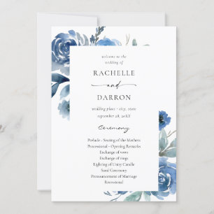 Dusty Blue & Blue Floral Wedding Ceremony Program Kaart