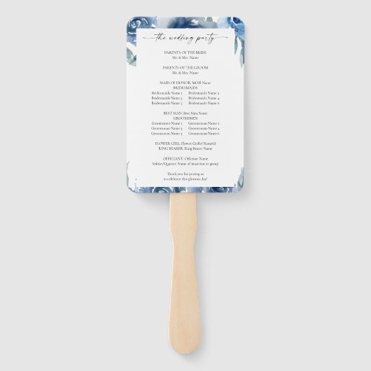 Dusty Blue & Blue Floral Wedding Programme Handwaaier (Achterkant)