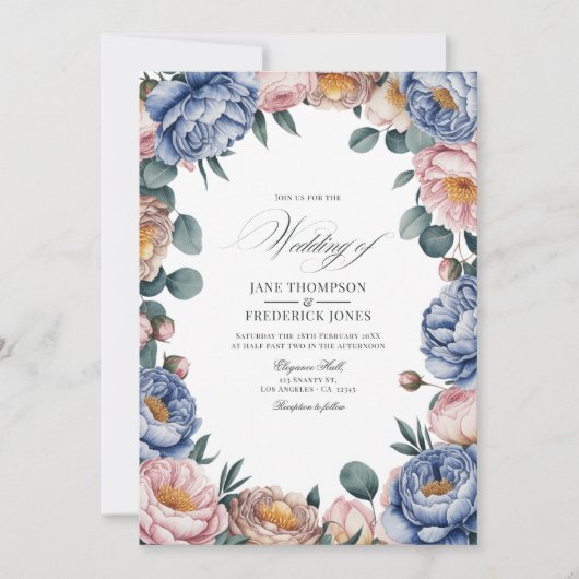 Dusty Blue, Blush, and Warm Taupe Floral Wedding Kaart (Voorkant)