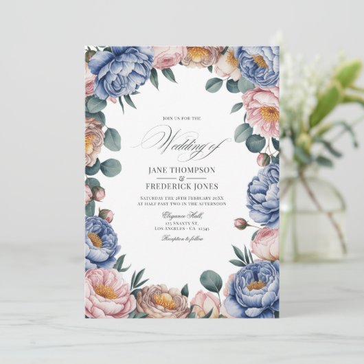 Dusty Blue, Blush, and Warm Taupe Floral Wedding Kaart (Staand voorkant)