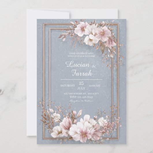 Dusty Blue & Blush Bloemen Trouwen Kaart (Voorkant)