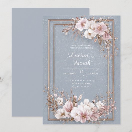Dusty Blue & Blush Bloemen Trouwen Kaart (Voorkant / Achterkant)