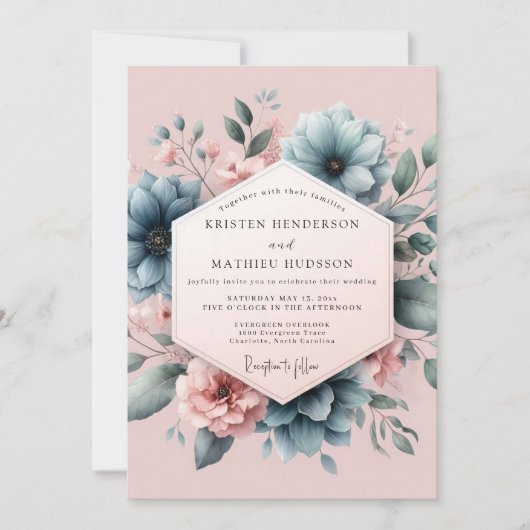 Dusty Blue Blush Blossom Wedding Kaart (Voorkant)