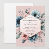 Dusty Blue Blush Blossom Wedding Kaart (Voorkant / Achterkant)