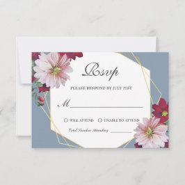 Dusty Blue Blush Bourgondië Bloemen Goud Bruiloft RSVP Kaartje