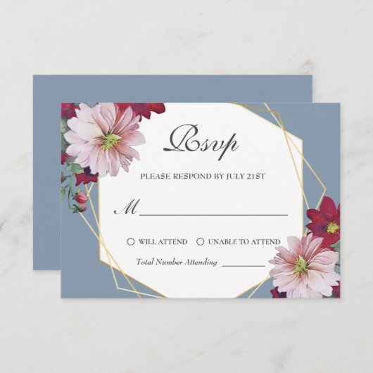 Dusty Blue Blush Bourgondië Bloemen Goud Bruiloft RSVP Kaartje (Voorkant / Achterkant)