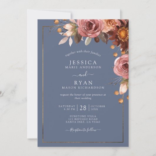 Dusty Blue, Blush Bourgondië Floral bruiloft Kaart (Voorkant)