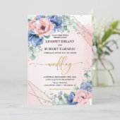 Dusty Blue Blush en Gold Wedding Kaart (Staand voorkant)