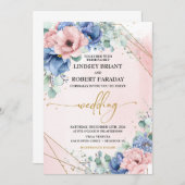 Dusty Blue Blush en Gold Wedding Kaart (Voorkant / Achterkant)