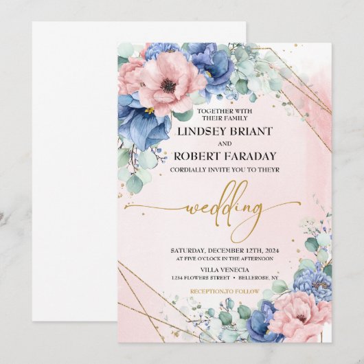 Dusty Blue Blush en Gold Wedding Kaart (Voorkant / Achterkant)