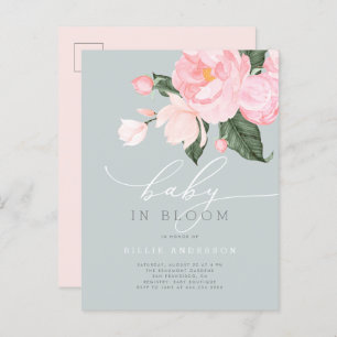 Dusty Blue Blush Floral Baby in Bloom Shower Uitnodiging Briefkaart
