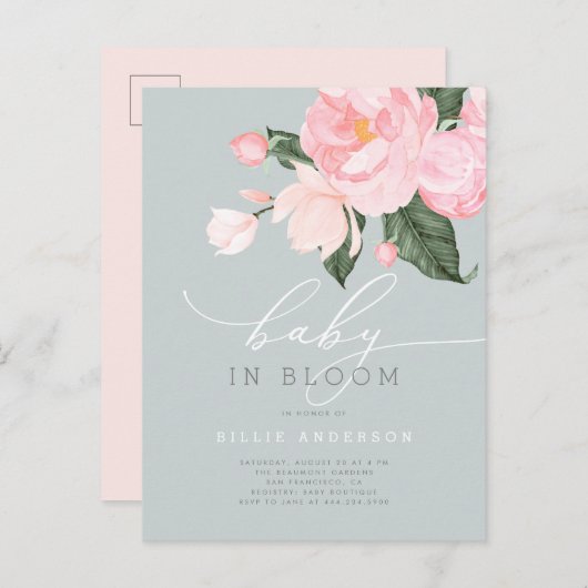 Dusty Blue Blush Floral Baby in Bloom Shower Uitnodiging Briefkaart (Voorkant / Achterkant)