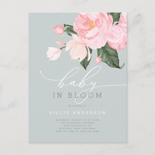 Dusty Blue Blush Floral Baby in Bloom Shower Uitnodiging Briefkaart (Voorkant)