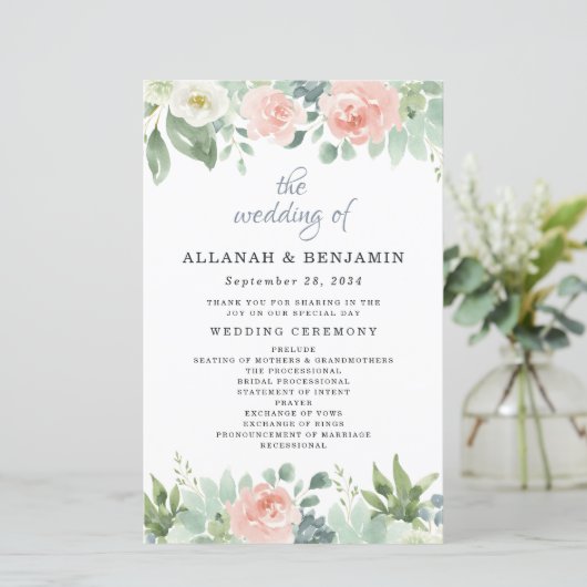 Dusty Blue Blush Floral Garden Wedding Programs (Staand voorkant)