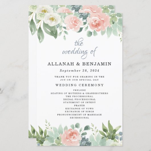 Dusty Blue Blush Floral Garden Wedding Programs (Voorkant / Achterkant)