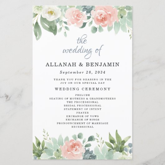 Dusty Blue Blush Floral Garden Wedding Programs (Voorkant)