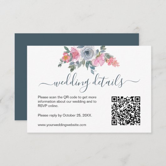 Dusty Blue Blush Floral Waterverf RSVP QR Code (Voorkant / Achterkant)