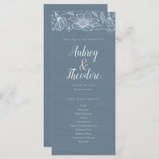 Dusty Blue & Blush Flowers Trouwprogramma - Donker Programmakaart (Voorkant / Achterkant)