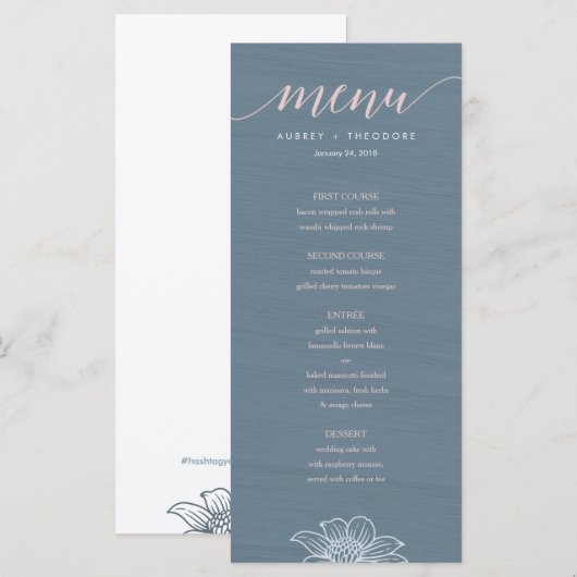 Dusty Blue & Blush Flowers Wedding Menu - Donker (Voorkant / Achterkant)