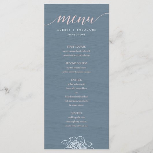 Dusty Blue & Blush Flowers Wedding Menu - Donker (Voorkant)