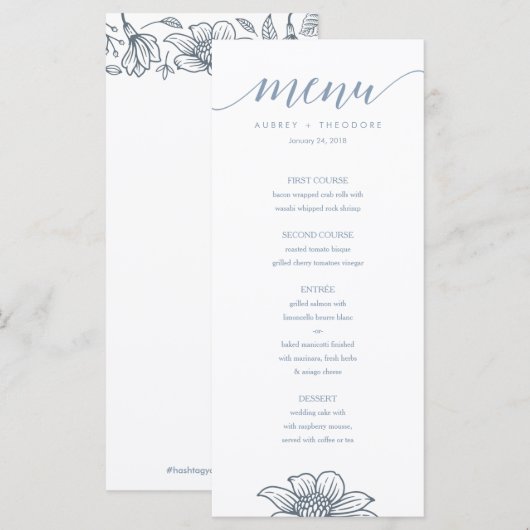 Dusty Blue & Blush Flowers Wedding Menu - Licht (Voorkant / Achterkant)