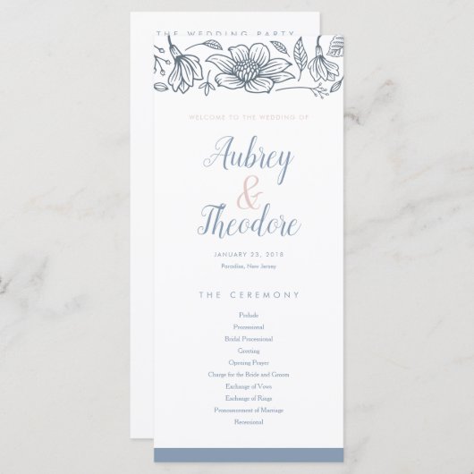Dusty Blue & Blush Flowers Wedding Program Programmakaart (Voorkant / Achterkant)